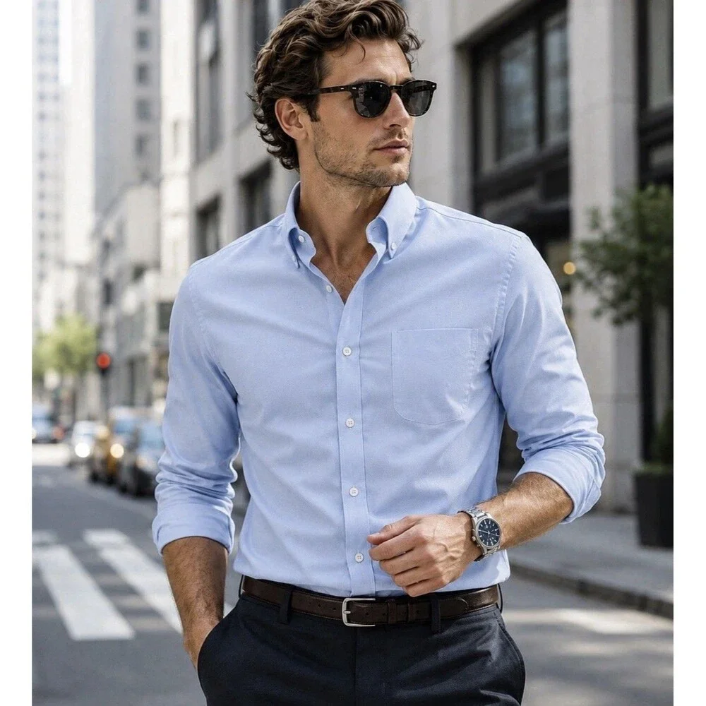 J Crew Tech Dress Shirt Mens L Blue Slim Fit Stretch‎ Button Up Business CA351